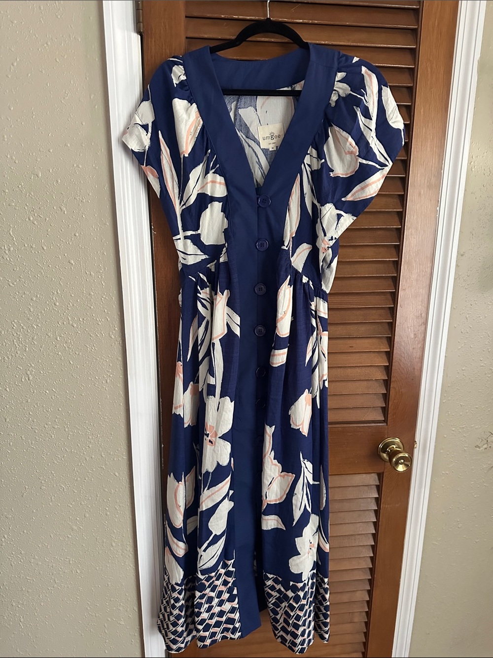 Umgee Navy Floral Button-Down Midi Dress with Cream & Blush Accents
